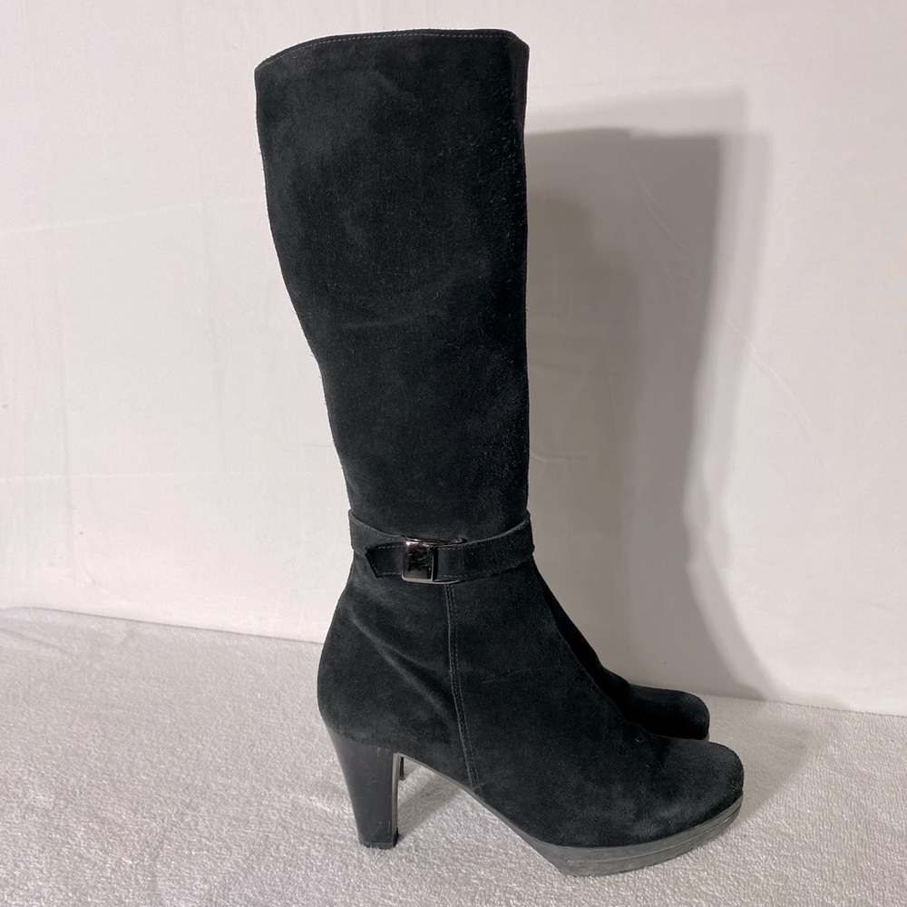 Vintage 90s C La Canadienne Black Suede Round Toe Chunky Heel Knee High Boots 10